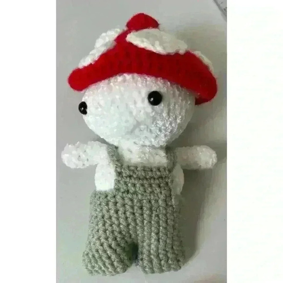 Mushroom Baby Kid Doll With Red Mushroom Cap Very Soft Chenille Yarn Overalls - Picture 2 of 11